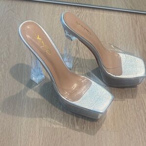 Amina Muaddi Silver and Clear Platform Heels